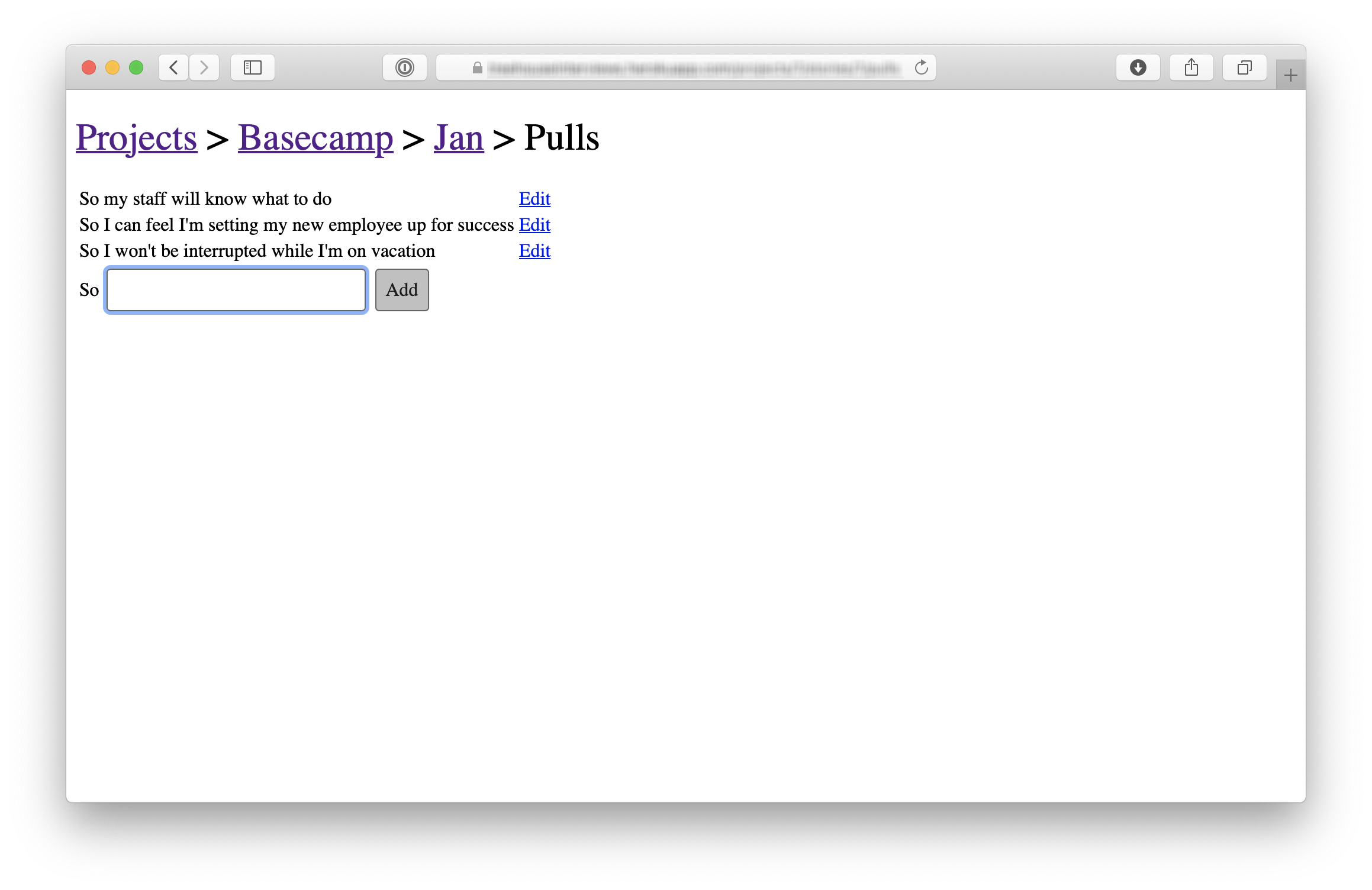 Screenshot of a dedicated screen for adding pulls to the box labeled 'pulls' in the previous screenshot. The breadcrumb at the top indicate these are pulls for Jan in the Sage interview AI. Three pulls are listed, each as a row of text beginning with the word 'So', for example 'So my staff will know what to do', and ending with a link to edit it. Below the pulls, the last row beings with the word 'So' followed by a text field and an 'Add' button. The edit links and the Add button are unstyled.