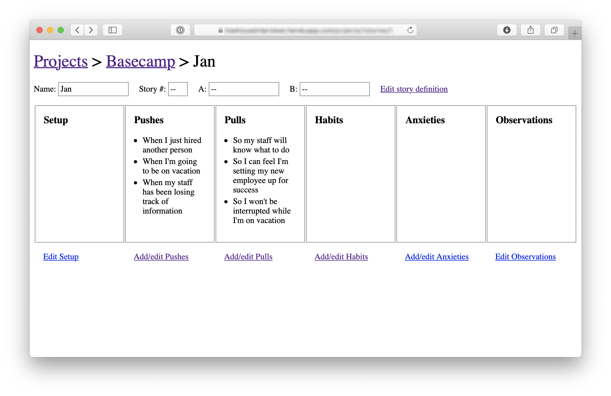 Screenshot of the interview app. A large breadcrumb at the top shows the AI name (Sage) and the name of the interview subject (Jan). Below that there are six boxes side-by-side labeled with different categories of data to record from the interview: Setup, Pushes, Pulls, Habits, Anxities, and Observations. Below each box there is a simple text link that says add/edit. The interface is rough and unstyled.