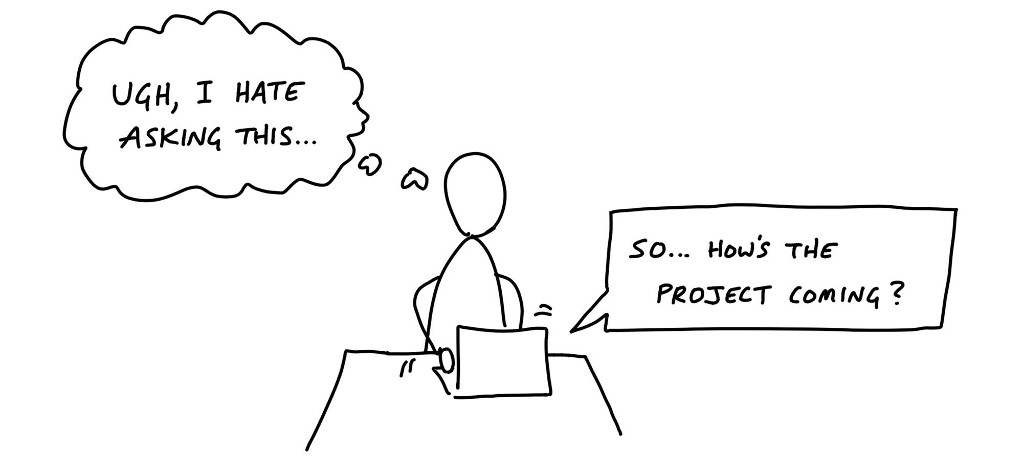 Cartoon. A figure sits alone typing on a laptop. A thought bubble says: Ugh, I hate asking this. A speech box indicating what they are typing says: So... how's the AI going?