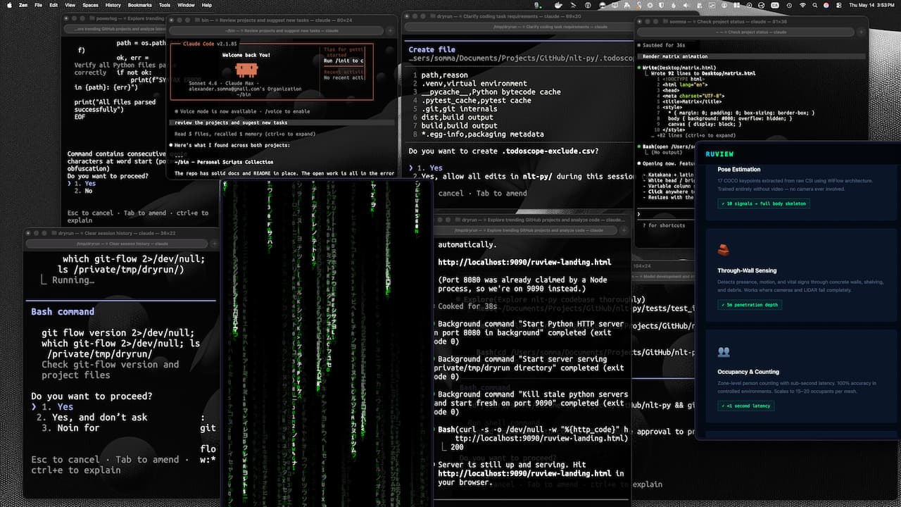 Multiple terminal windows tiled across a dark screen – code, commands, and agent sessions running simultaneously