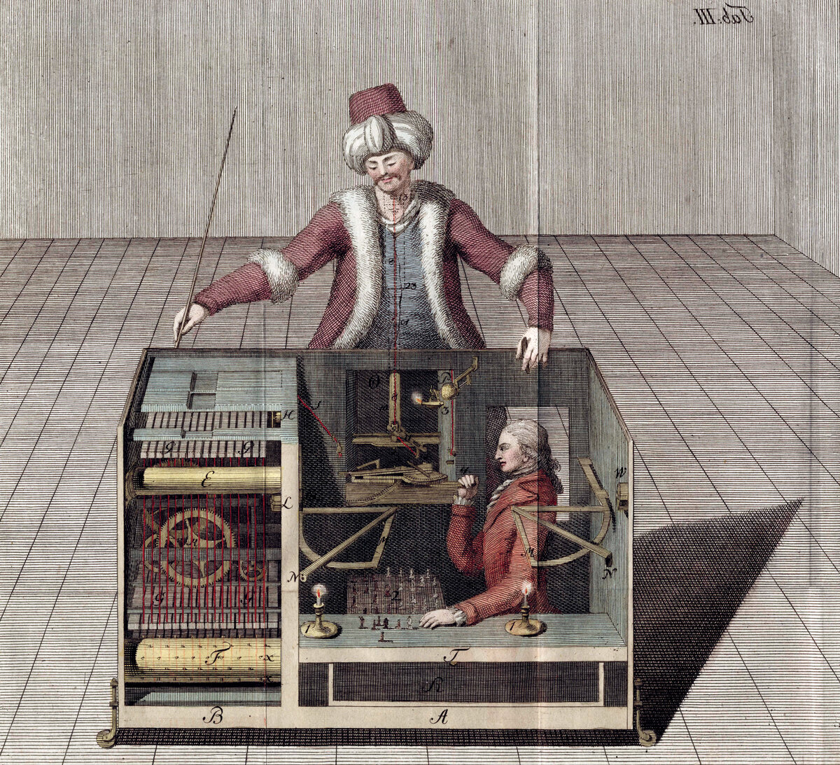 An 18th-century engraving of the Mechanical Turk, the chess-playing automaton that fooled audiences across Europe for decades before a human operator was discovered hidden inside