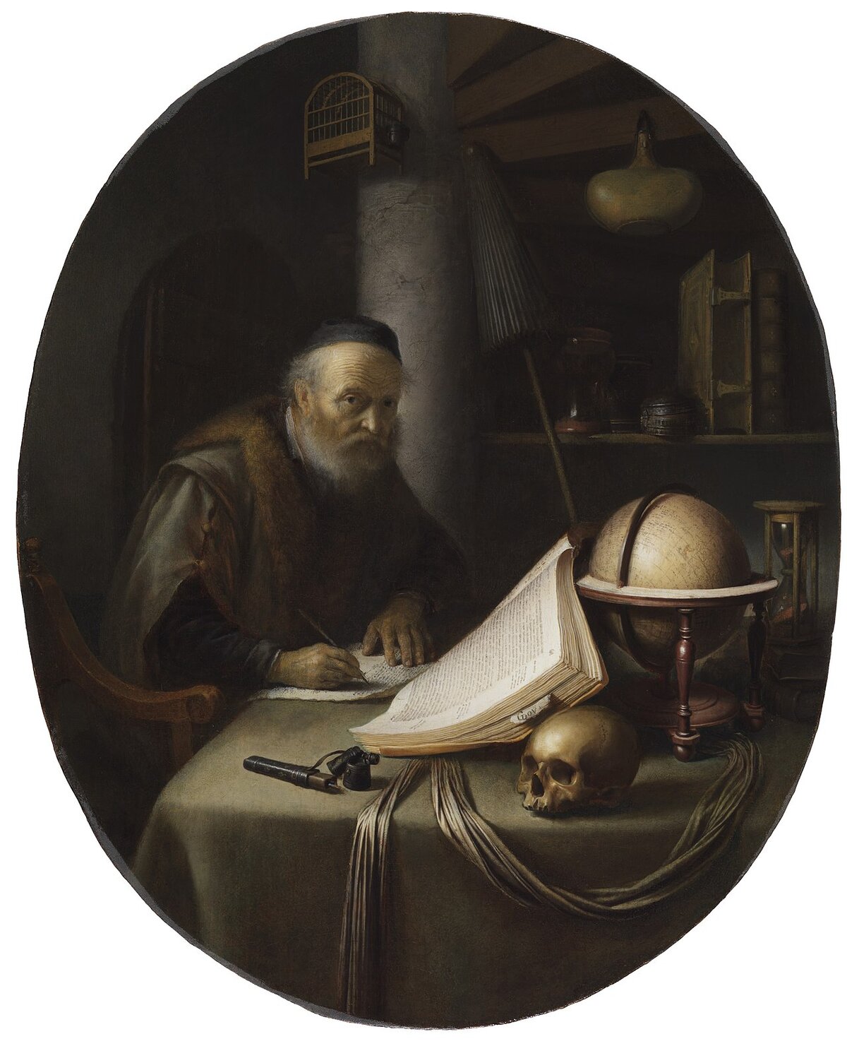 A dark interior where two figures sit at separate tables, one illuminated by a candle and the other in shadow, each reading from different books