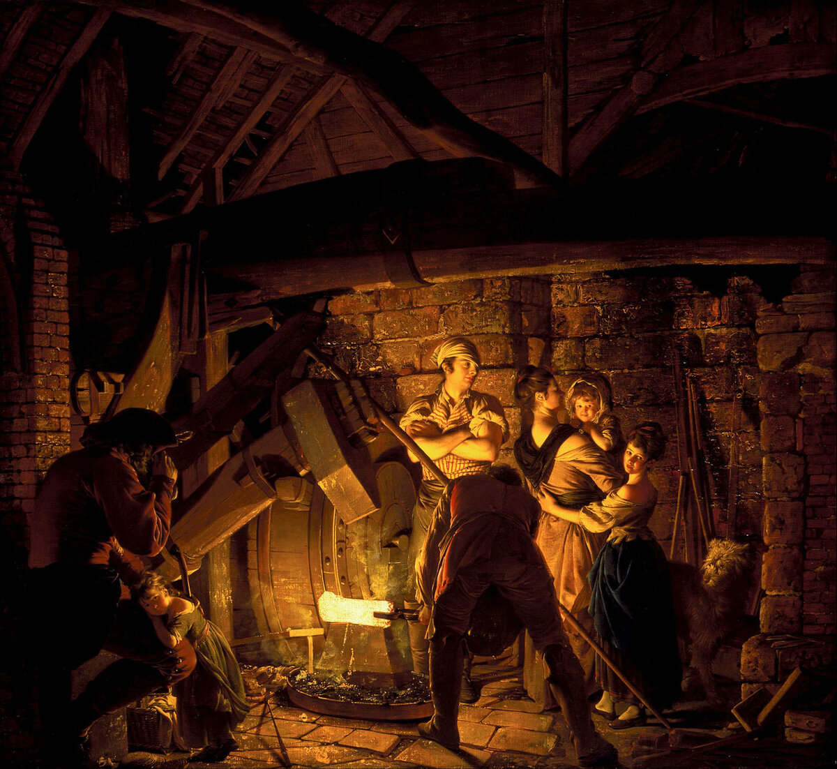 A blacksmith works molten iron in a dark forge, illuminated only by the glow of the metal — the worker operates the machine but does not own it